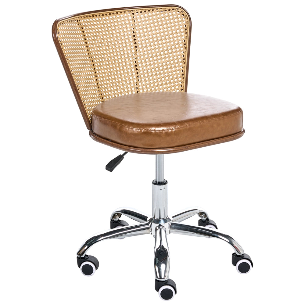 Sedia da ufficio marrone in ecopelle PE Rattan Schienale girevole regolabile in altezza senza braccioli Casa Ufficio Studio Tradizionale
