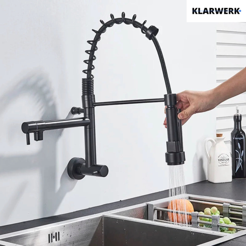 Björn | gastronomia rubinetto monoforo a parete per acqua fredda nero|rubinetto cucina professionale acciaio inox due docce|doppio lavello ristorante