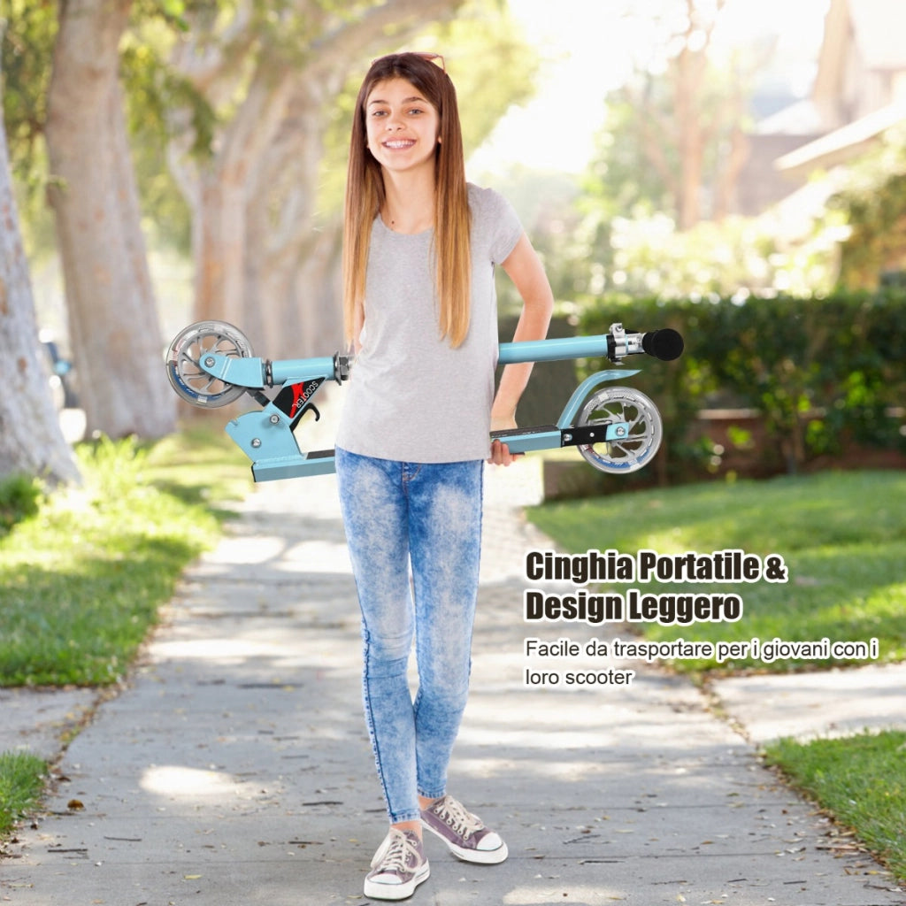 Monopattino a 2 ruote lampeggianti per bambini con musica altezza regolabile, Monopattino in alluminio Azzuro-Monopattini