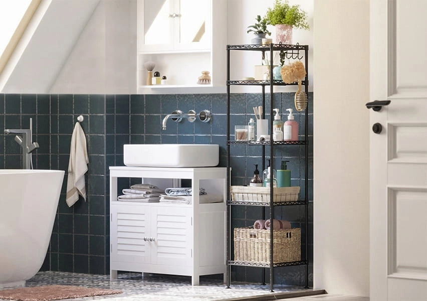 Mensola da bagno VALORA, acciaio nero con 5 ripiani - LGR23BK