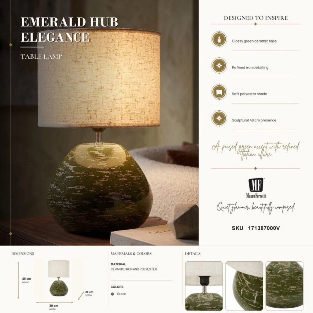 Lampada da tavolo in ceramica verde con paralume in poliestere