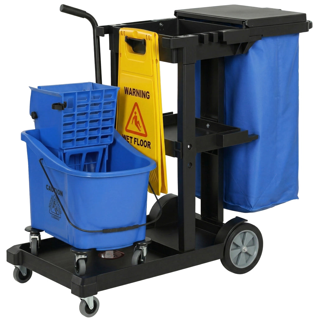Carrello per pulizia con 3 ripiani, secchio strizzamop e sacco 70 litri ¨C zephmum ¨C Blu