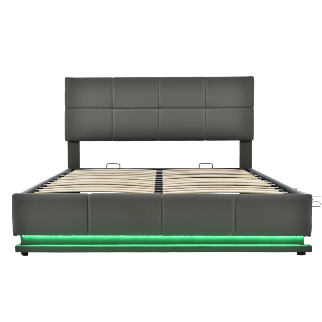 Letto Contenitore Imbottito 160x200 ¨C MINIMAL ¨C Grigio, LED, Idraulico, Testiera Regolabile