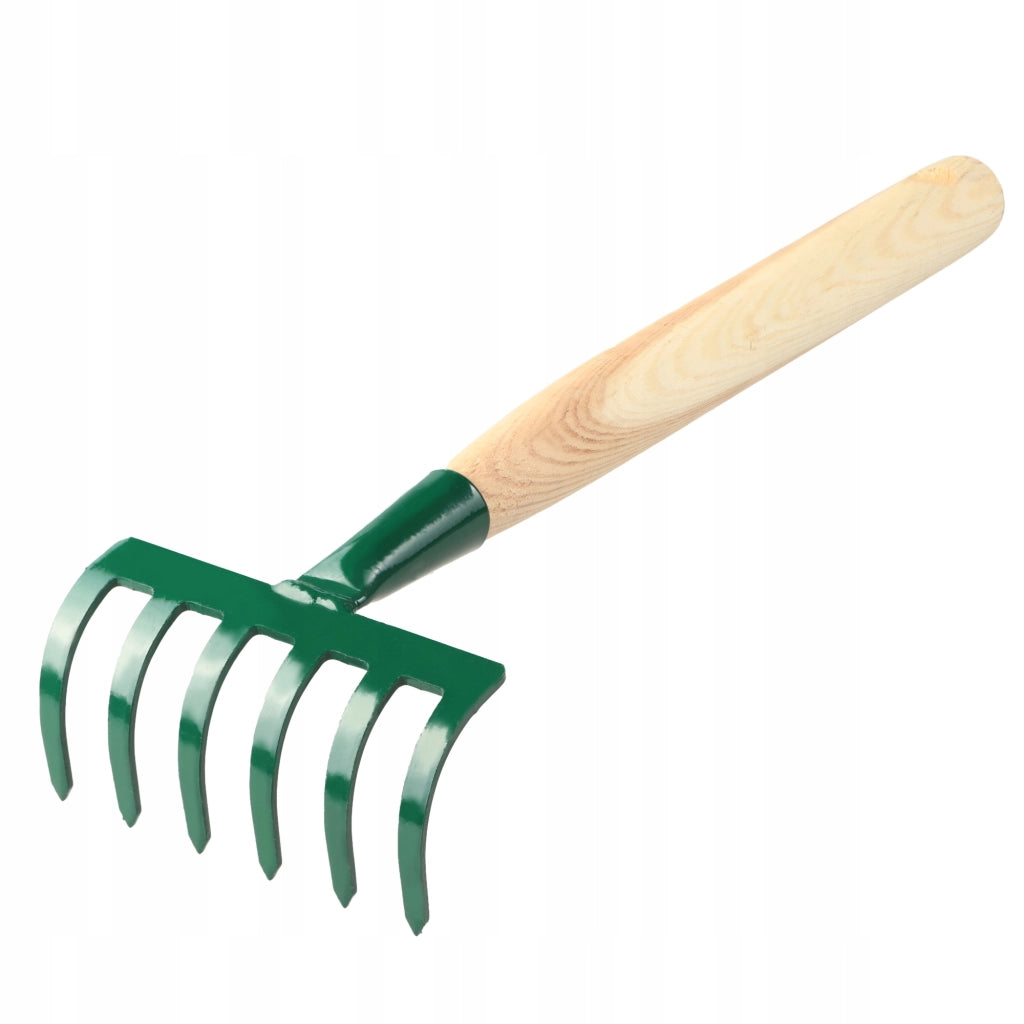 Rastrello da giardino in metallo KADAX, piccolo, 35 cm, 6 denti, manico in legno massello