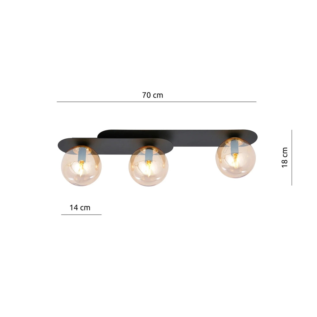 Plafoniera Minimal 3 Luci Teia In Acciaio Nero E Sfere Vetro Ambra