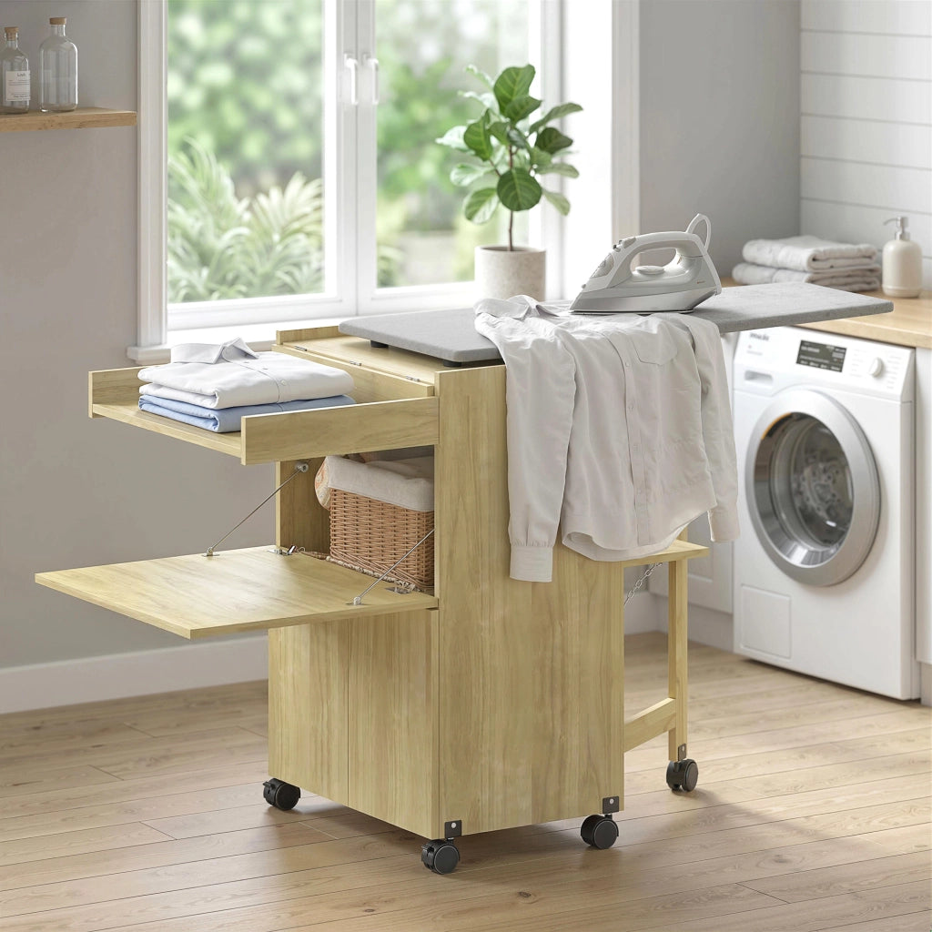 Mobile Asse da Stiro Pieghevole con Porta Ferro e Indumenti con Vano Aperto.154x55x87 cm. Legno Naturale
