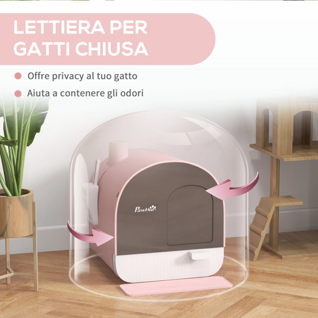 Lettiera Chiusa per Gatti ¨C Xylo ¨C con Filtri, Paletta e Vassoio, PP, 43x44x47cm, Rosa