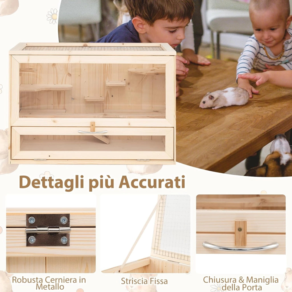 Gabbia per Criceti, Gabbia Criceti in Legno con Tetto Ribaltabile in Rete, Aree Multi-Scala, Rampa, Pannello in Acrilico e Porta Bloccabile, 60 x 35,5 x 42 cm