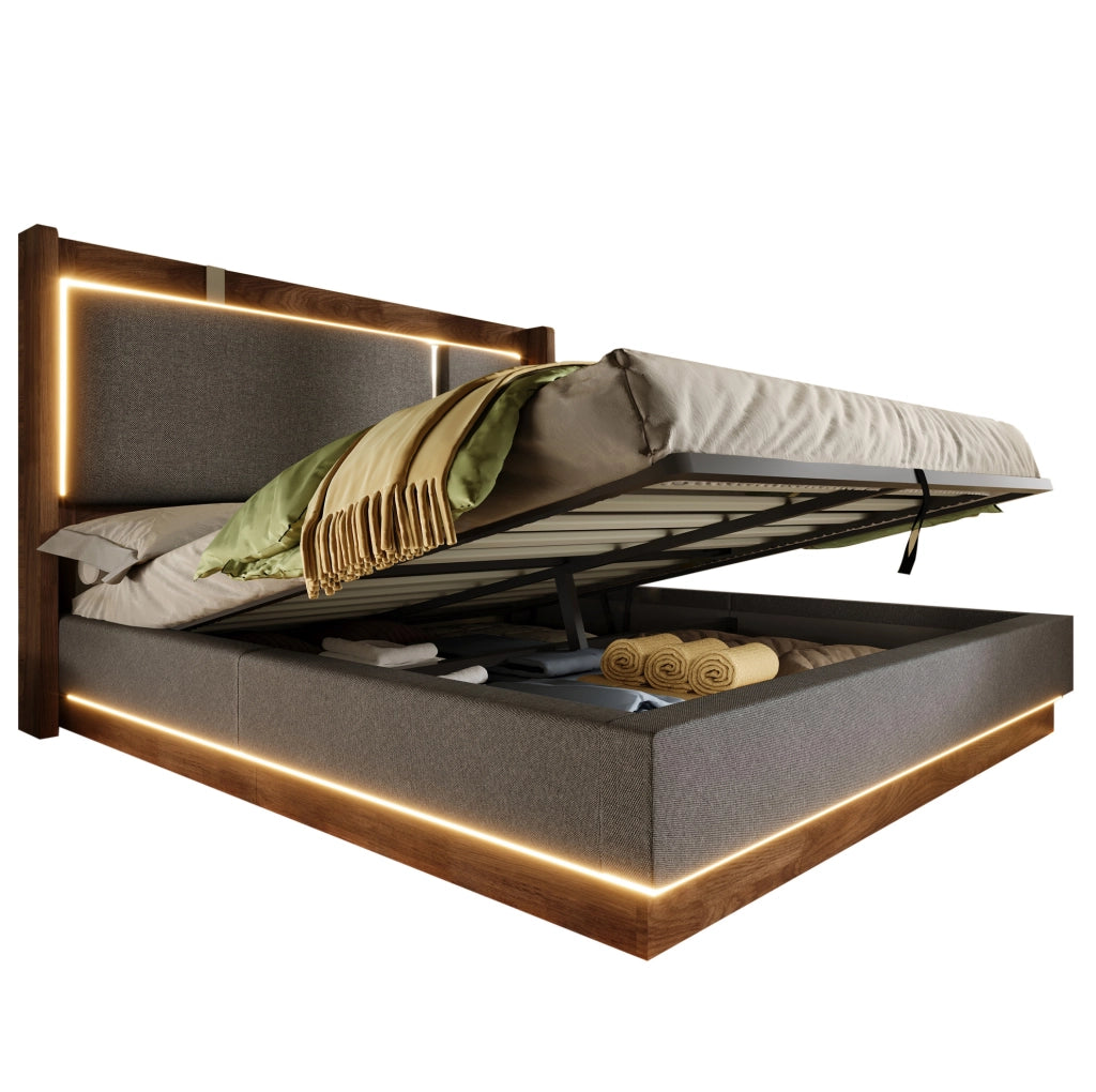 Letto imbottito 160x200 cm con contenitore e LED in lino; legno grigio e noce