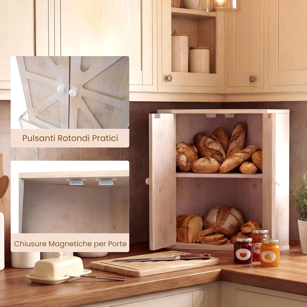 Scatola Porta Pane Angolare, Organizzatore per Pane a Doppio Strato in Bamboo con Ripiano Regolabile, Contenitore Porta Pane Capiente per Bancone Cucina, 31x31x41 cm