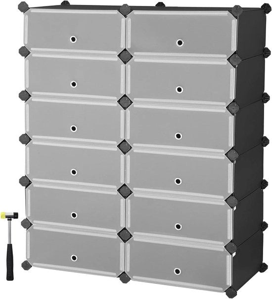 Rack da Scarpe Rettilineo con 12 Comparti in Plastica per Parete con Viti - Nero - 40 x 30 x 17 cm