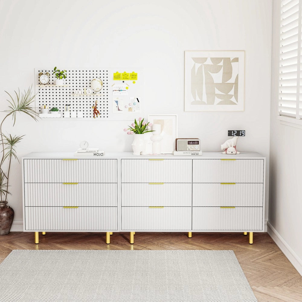 Cassettiera Modulare con 9 Cassetti e Sideboard ¨C MINIMAL ¨C Bianco e Oro 200x40x72 cm