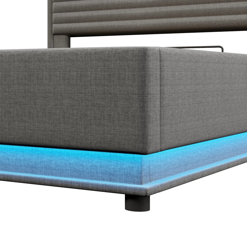 Letto matrimoniale imbottito 180x200 cm con contenitore; LED; USB e USB-C; in lino grigio