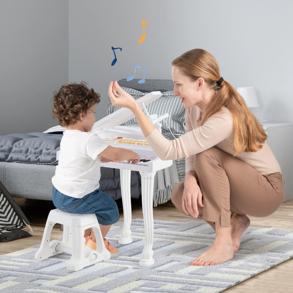 Tastiera a 37 tasti per bambini con sgabello, Pianoforte giocattolo multifunzionale portatile con microfono Bianco-Tastiere elettriche