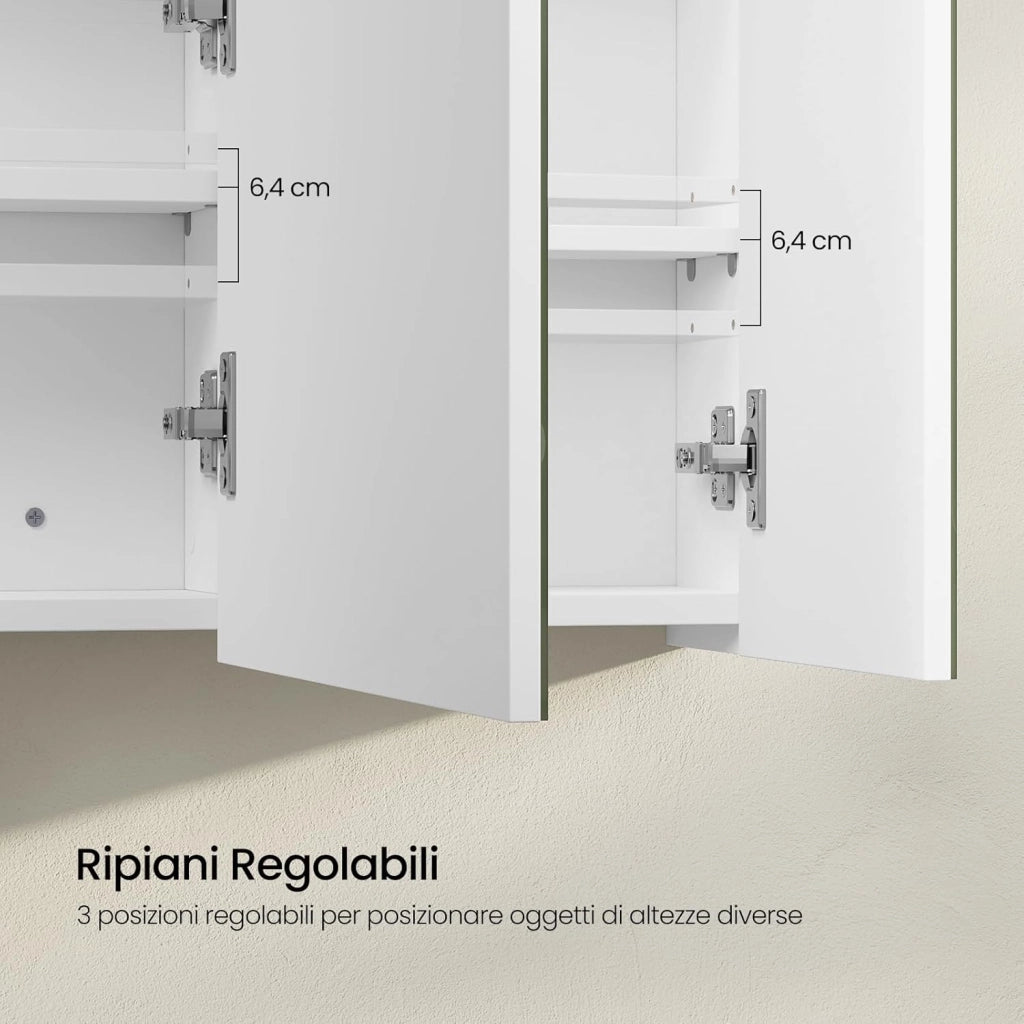 Mobile Bagno con Specchio e Luce, Armadietto Bagno a 3 Porte con Ripiani Regolabili, Ganci e Prese, Luce Tattile a 3 Colori, per Appartamento, Bianco, 100x14,5x60 cm, Nordico