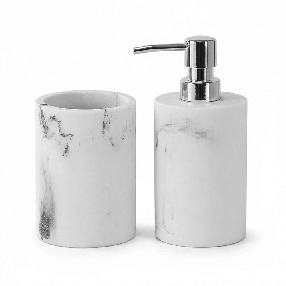 Set accessori bagno effetto marmo 2 pezzi con dispenser e portaspazzolino in resina Ivy
