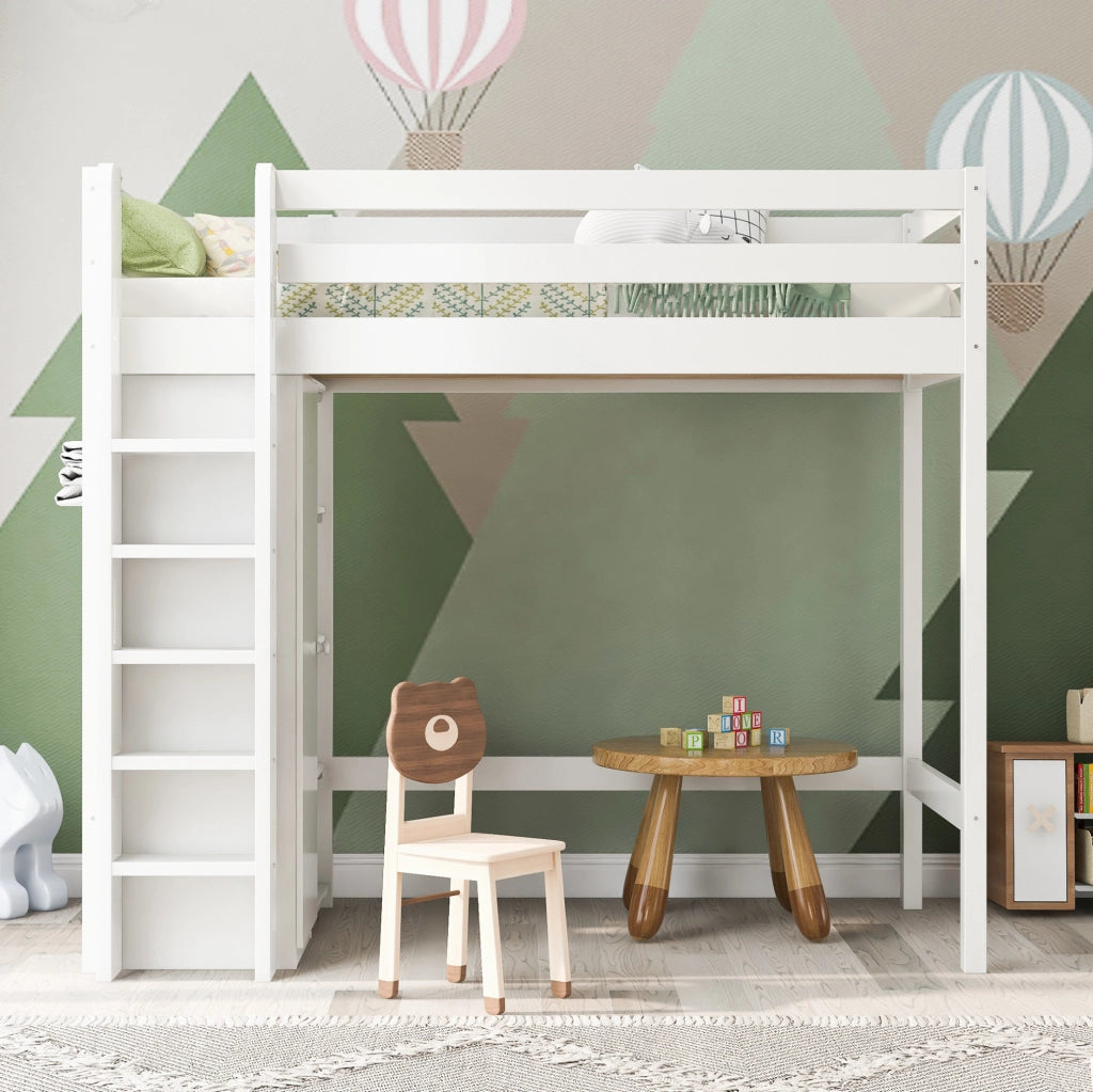 Letto a soppalco per bambini 90x200 cm con armadio e 4 ripiani; bianco