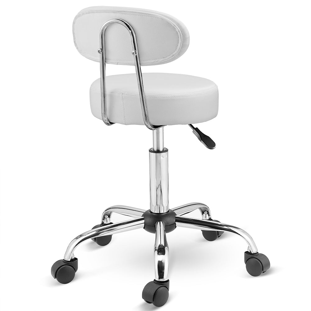 Sgabello Lavoro 5Ruote Girevole in Acciaio Schienale Alto Altezza Regolabile Bianco