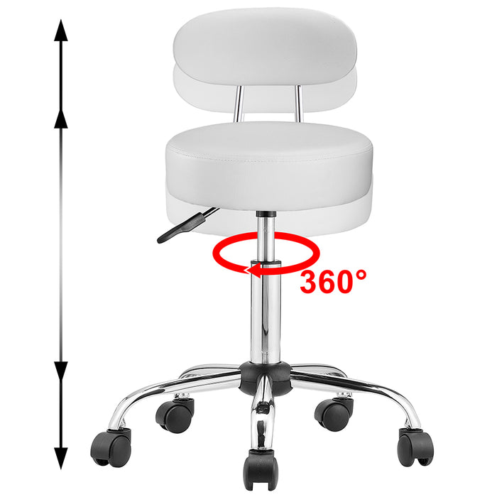 Sgabello Lavoro 5Ruote Girevole in Acciaio Schienale Alto Altezza Regolabile Bianco