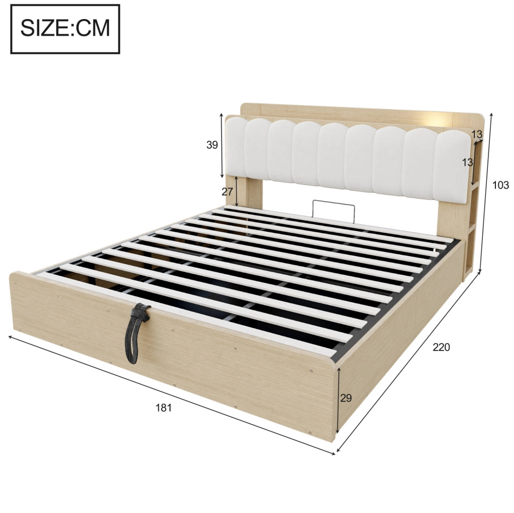 Letto matrimoniale con contenitore 180x200 cm in legno naturale; testiera imbottita beige con USB e luce notte