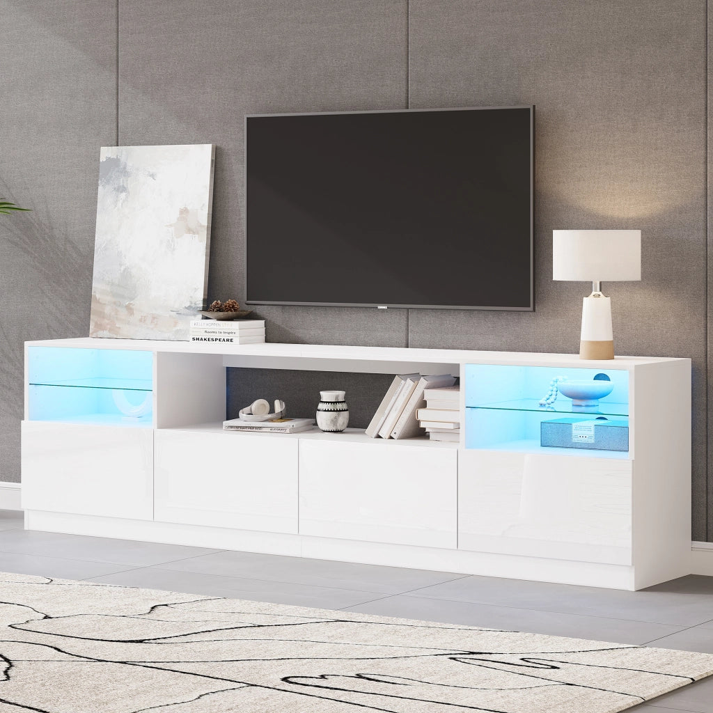 Mobile porta TV con LED, 4 ante e 8 vani contenitore, per soggiorno, in truciolato bianco lucido, 180 × 35 × 60 cm