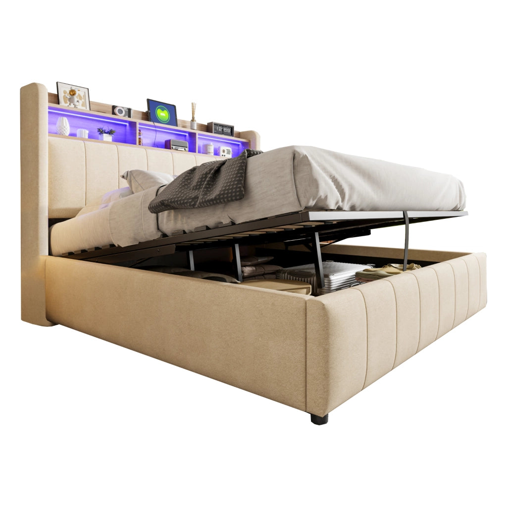Letto Matrimoniale 160x200 cm con LED; USB; Type-C e contenitore - in Tessuto Beige