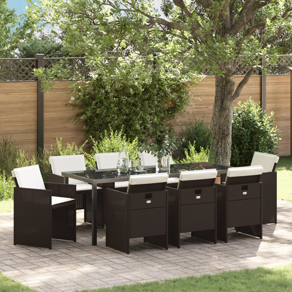 Set Pranzo Giardino 9 Pezzi con Cuscini in Rattan Marrone Poly
