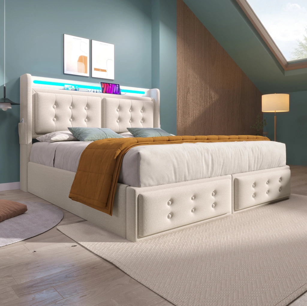Letto matrimoniale 140x200 cm con contenitore; testiera con prese USB e Type-C; LED; beige