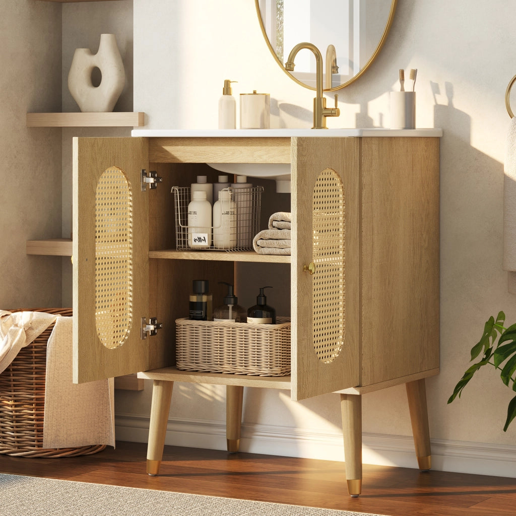 Mobile Sottolavabo 61x47x89 cm Effetto Legno con 2 Ante in Rattan e Ripiani Interni
