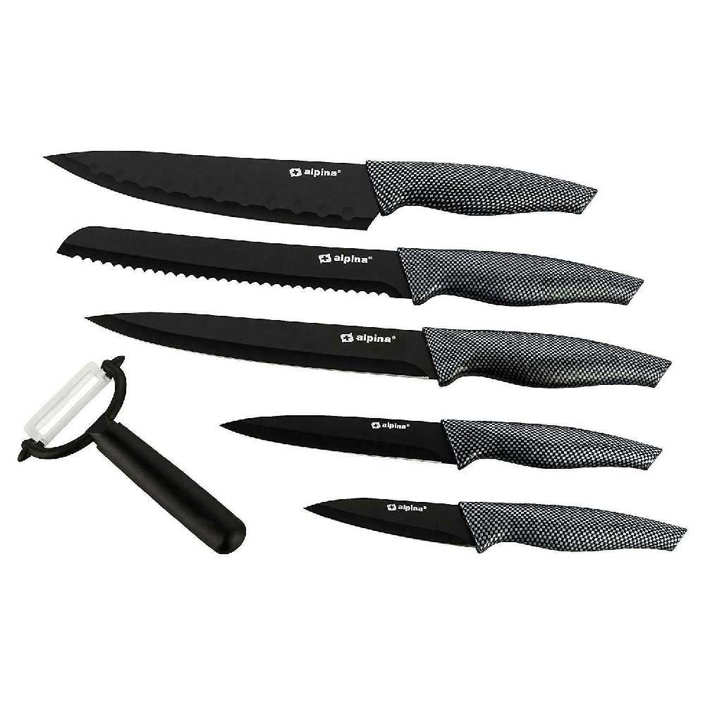 Kit Cucina 6pz Coltelli e Pelapatate Acciaio Inossidabile Antiaderente Alpina