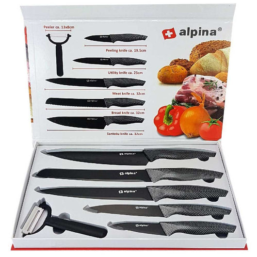 Kit Cucina 6pz Coltelli e Pelapatate Acciaio Inossidabile Antiaderente Alpina