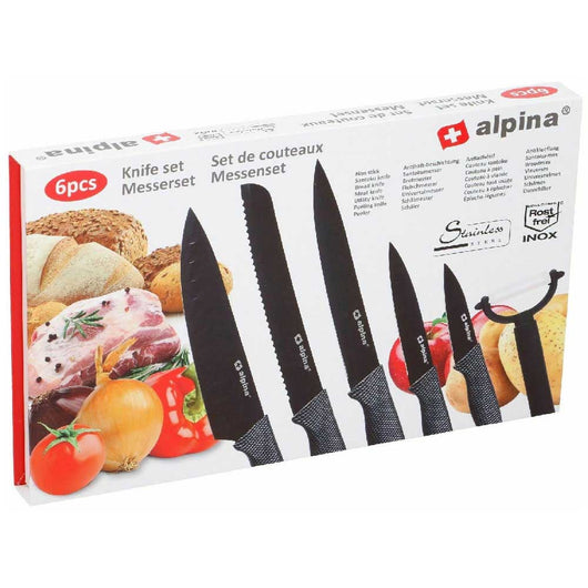 Kit Cucina 6pz Coltelli e Pelapatate Acciaio Inossidabile Antiaderente Alpina