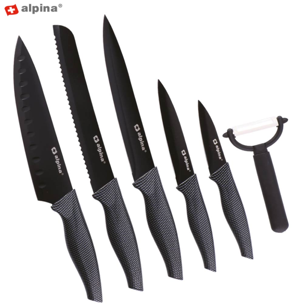 Kit Cucina 6pz Coltelli e Pelapatate Acciaio Inossidabile Antiaderente Alpina