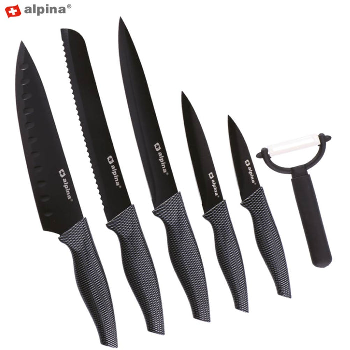 Kit Cucina 6pz Coltelli e Pelapatate Acciaio Inossidabile Antiaderente Alpina