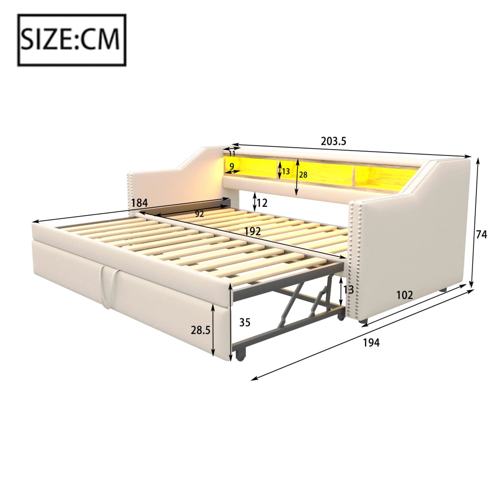 Divano letto imbottito ULEVR 90/180x190 cm estraibile con LED, USB e 3 vani laterali, beige