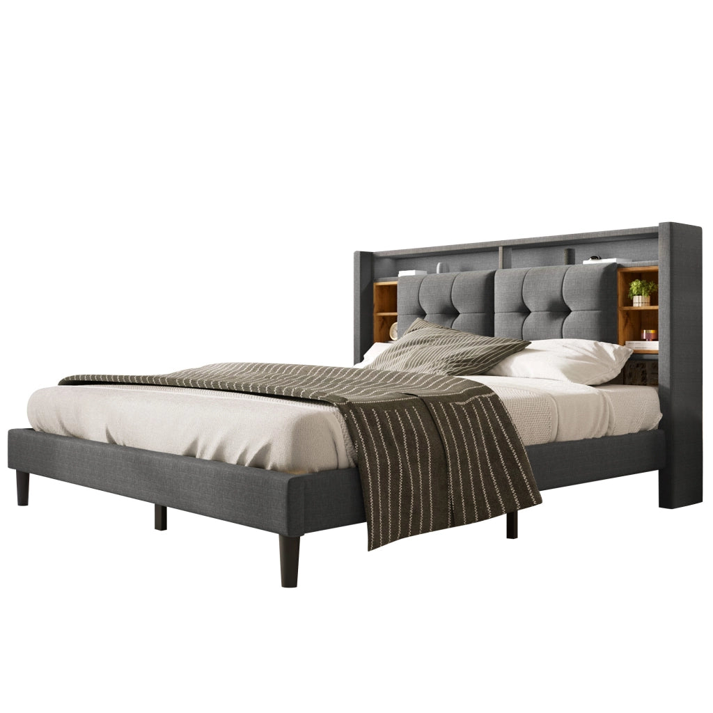 Letto imbottito matrimoniale 140x200 cm grigio con testiera contenitore, LED, USB e prese elettriche, struttura in legno massello e metallo
