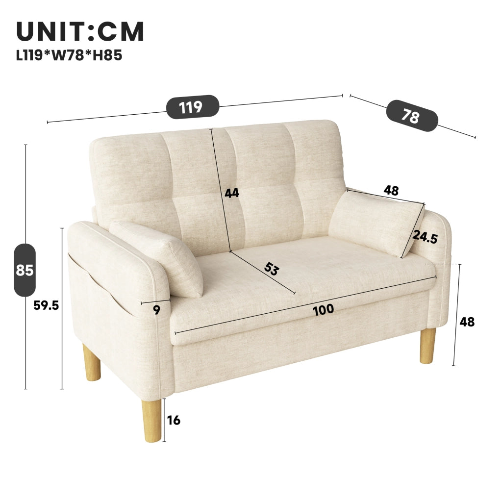 Divano 2 posti ULEVR 119x78x85 cm in ciniglia beige con 2 cuscini e tasca laterale