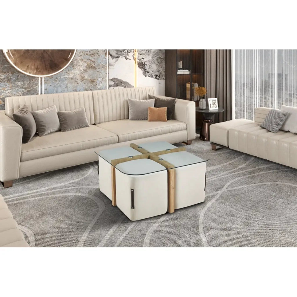 Tavolino QUADORA – Quadrato 90x90 cm – Vetro & quercia invecchiata – Con 4 pouf bianchi – Design pratico ed elegante