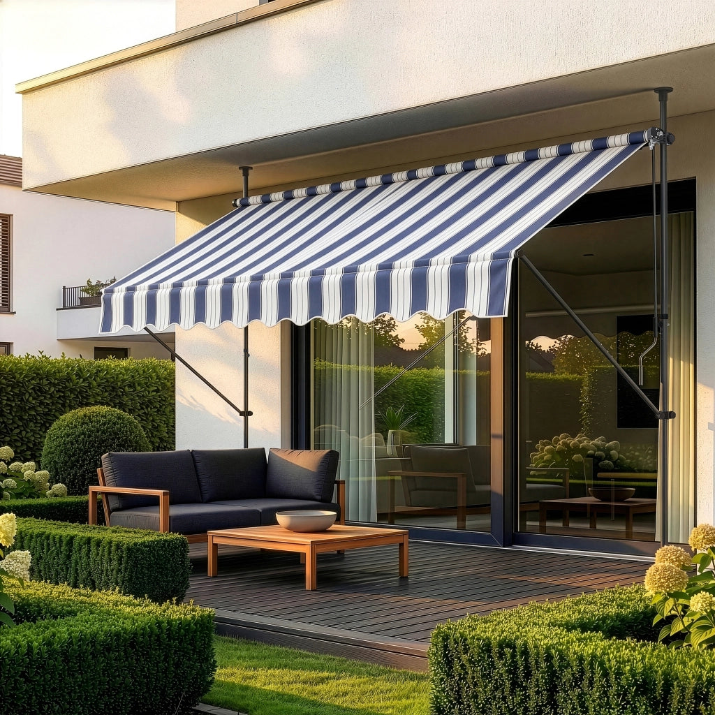 Tenda da Sole a Muro con Pali di Supporto Telescopici Parasole 400 x 120 cm (LxP) Blu Scuro-Bianco pro.tec