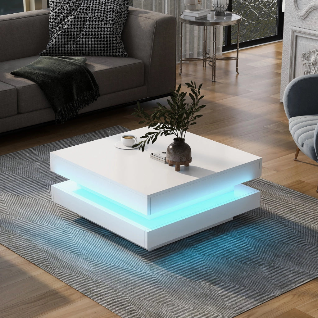 TAVOLO DA SALOTTO Quadrato 70x70x36 cm Bianco con LED Bluetooth APP