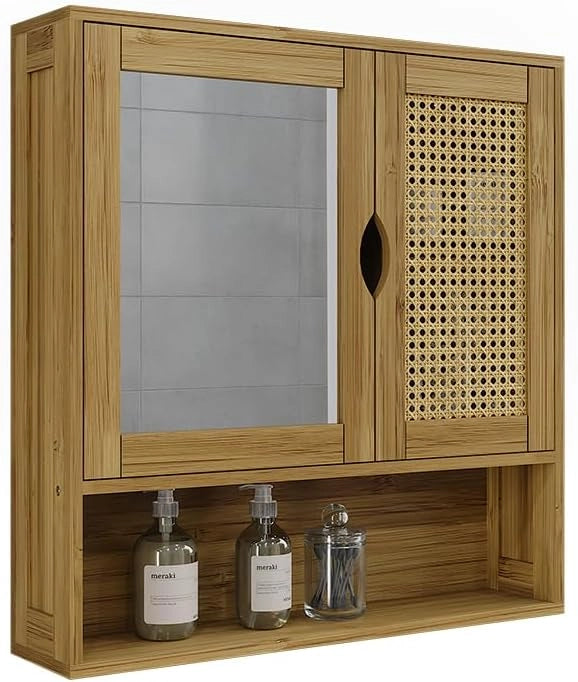 Mobile a specchio per il bagno Liora, Bambù, 56 x 58 cm con specchio, per la conservazione di articoli da bagno e asciugamani