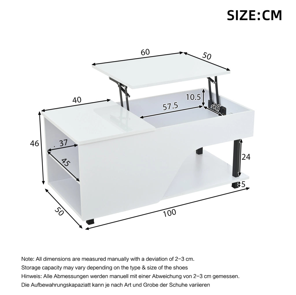 Tavolino da salotto 50x100x46 cm; altezza regolabile con vano nascosto; truciolato; bianco