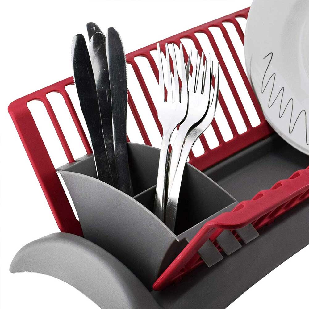 Scolapiatti Cucina in Plastica Cola Piatti e Scola Posate 46x26x14cm Rosso