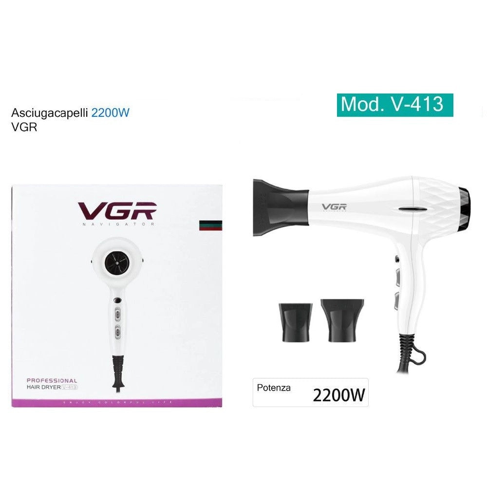 Trade Shop - Asciugacapelli Phon Elettrico Professionale Ad Alta Potenza 2200w 2 Ugelli V-413 -
