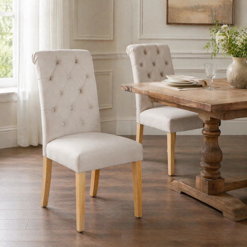 Set di 2 sedie da pranzo in velluto beige con gambe in legno massiccio e design imbottito