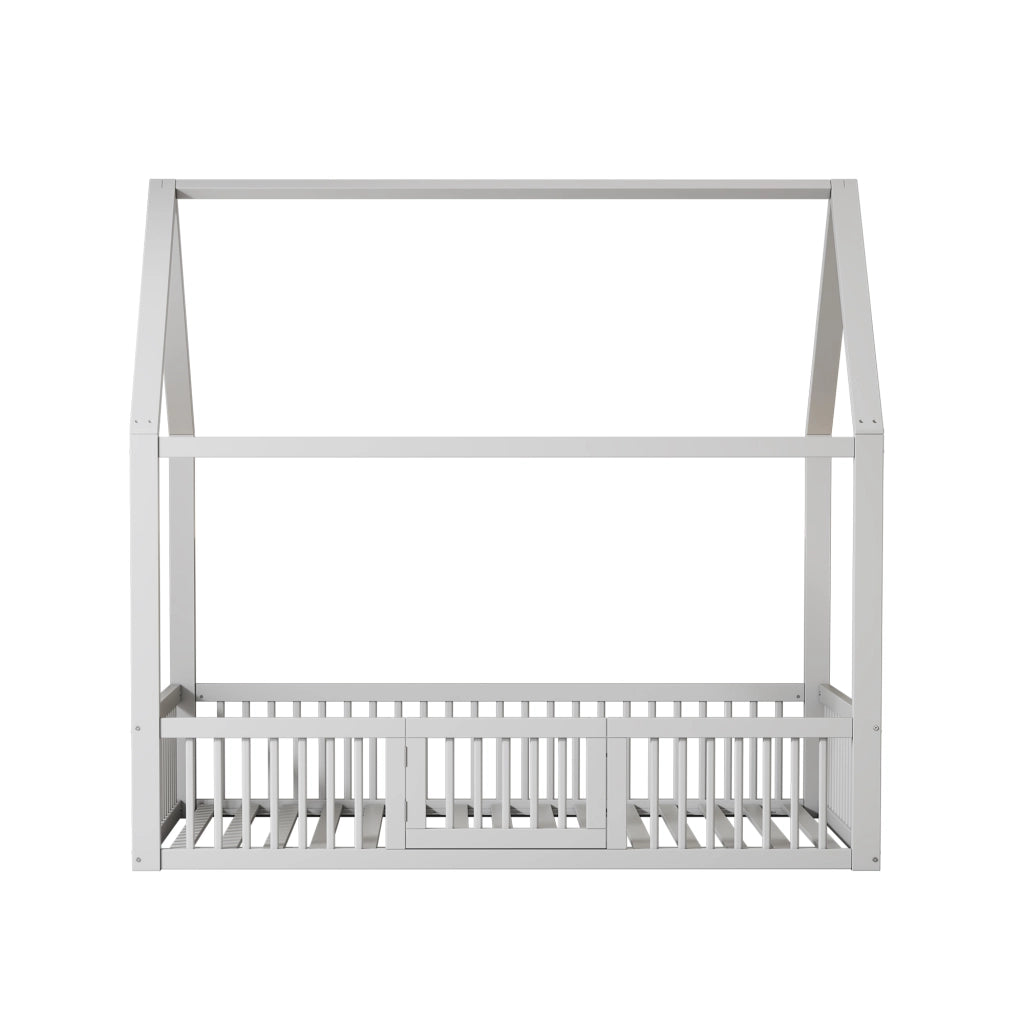 OKWISH Letto a casetta 140×200 cm, Letto Matrimoniale con Sponde di Sicurezza, Porticina e 15 Doghe, senza Materasso, in Pino, Bianco