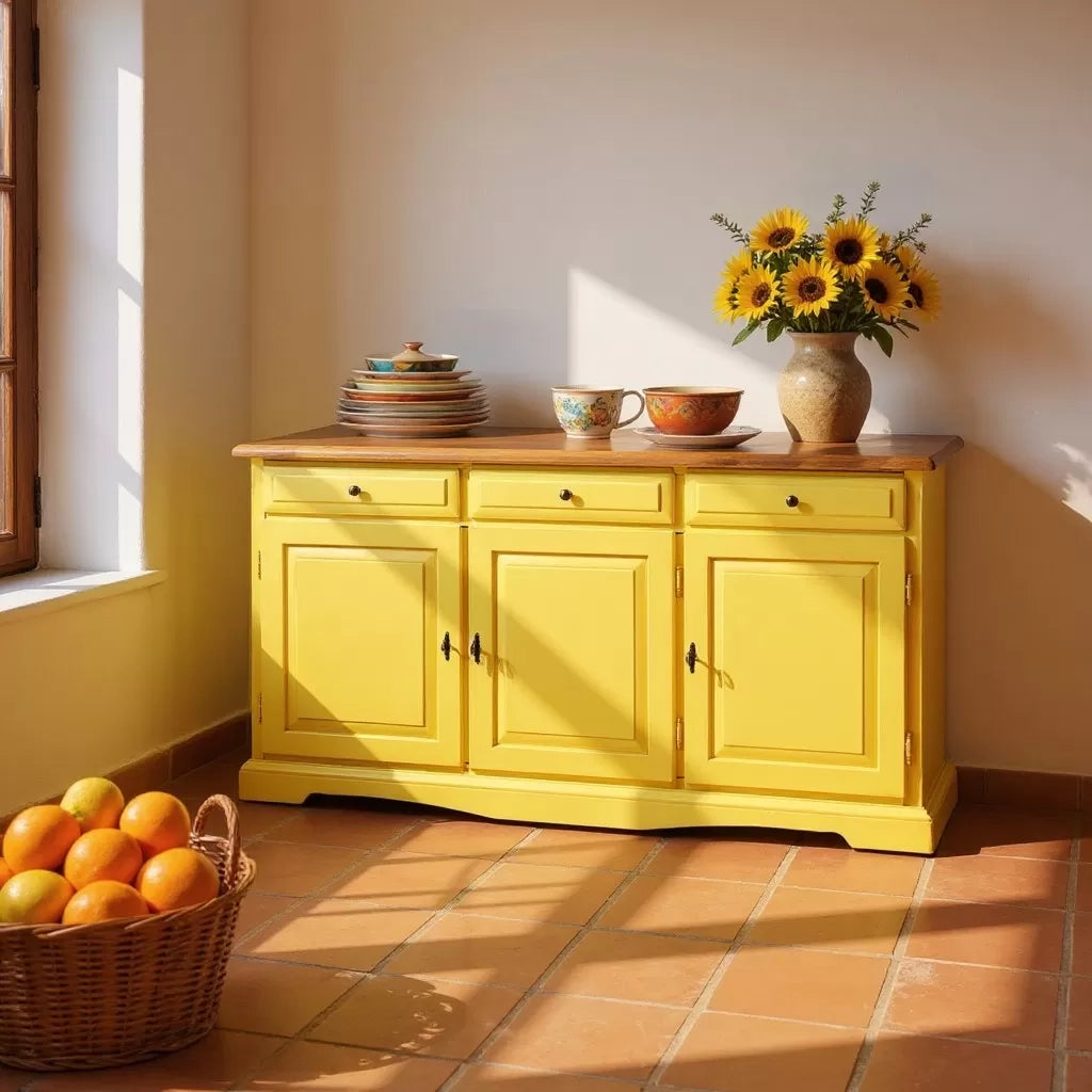 Madia credenza in legno laccato pennellato gialla l.156 p.42 h.85 - Mobili 2G