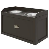 Ciotole per Cani Rialzate in Acciaio Inox e Legno con Cassetto, 60x30x36cm, Marrone