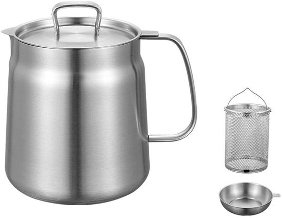 Filtro olio - 2 Litri Capacità Con Filtro Integrato Per Filtraggio Effettivo E Stoccaggio Della Olio Da Cucina - 1 - Adatto Per Piani Cottura A Gas, Elettrici, Induttivi E Ceramici Argento