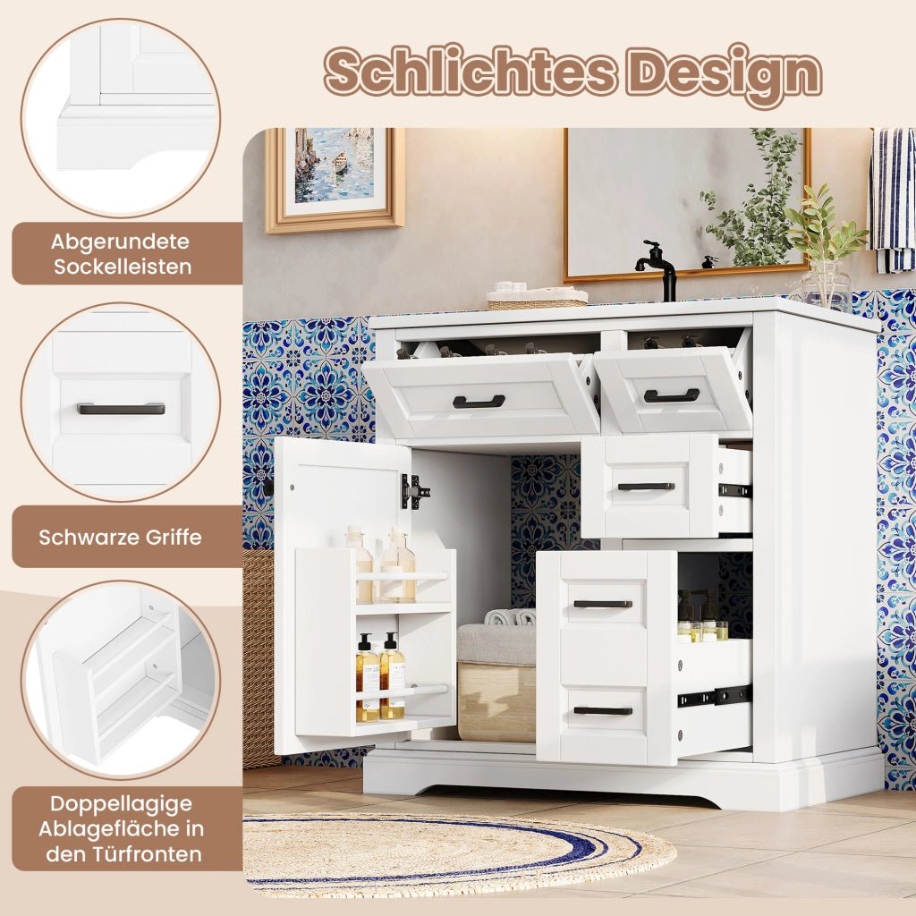 Mobile sottolavabo con 1 anta, 4 cassetti e lavabo in ceramica, per bagno, in MDF e ceramica, bianco, 76 × 47 × 82 cm